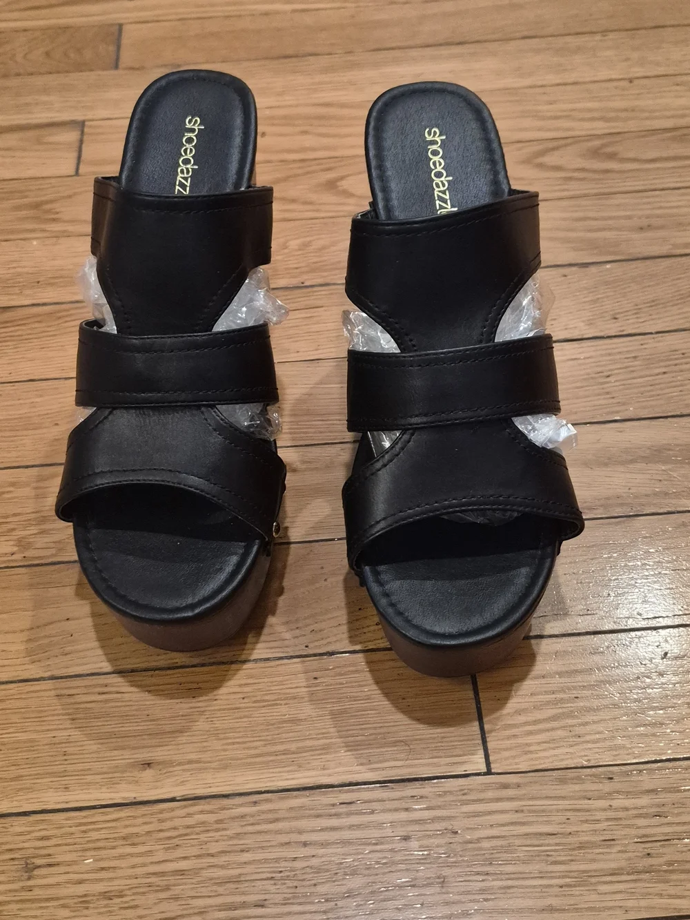 Black Strappy Platform Sandals with Brown Wood-Look Heel